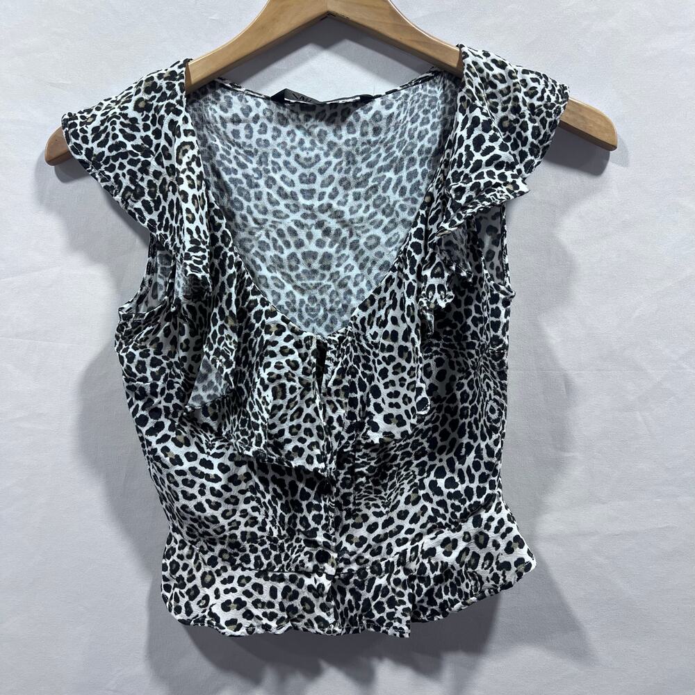Zara‎ Leopard Print Cropped Top Women's Size XS Ruffle Details Neckline
